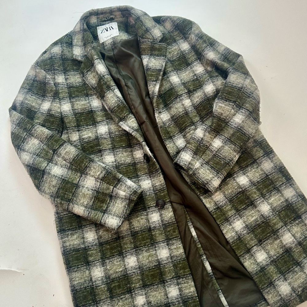 Zara Men's Olive Plaid Trench Coat - Picture 2 of 3